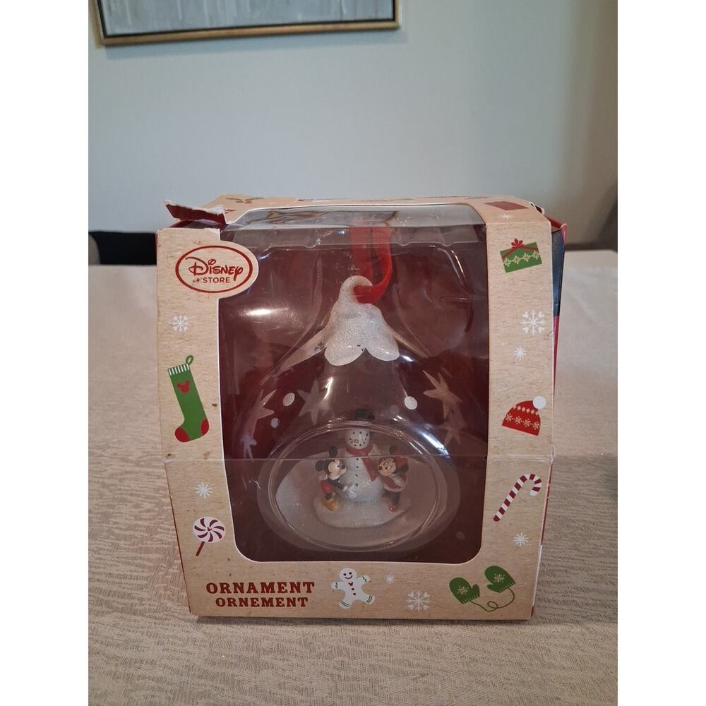 Disney Store 2008 Mickey & Minnie Mouse Glass Drop Snowman Ornament In Box